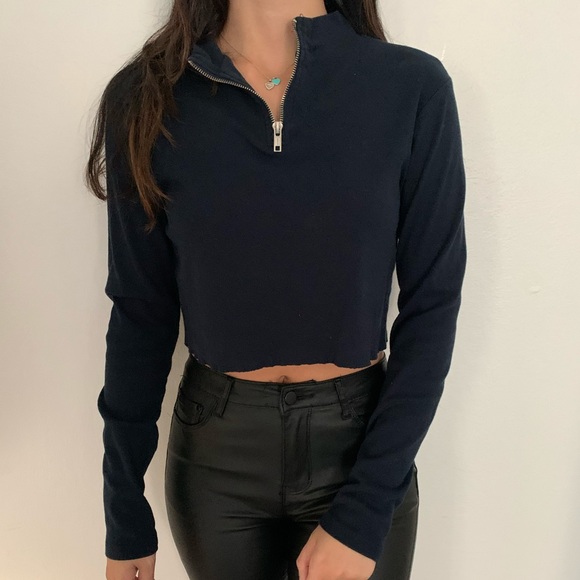 brandy melville navy half zip long sleeve top - Picture 2 of 7